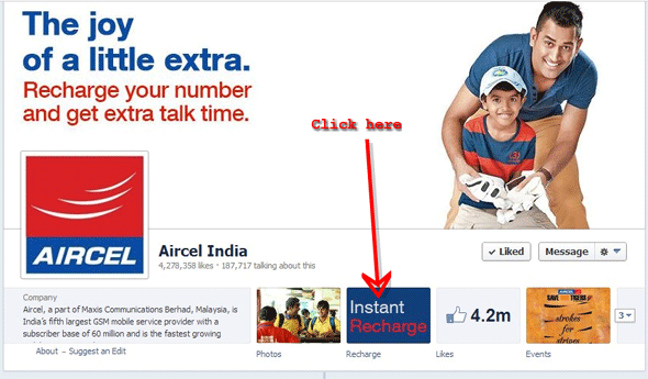 how to recharge aircel on facebook